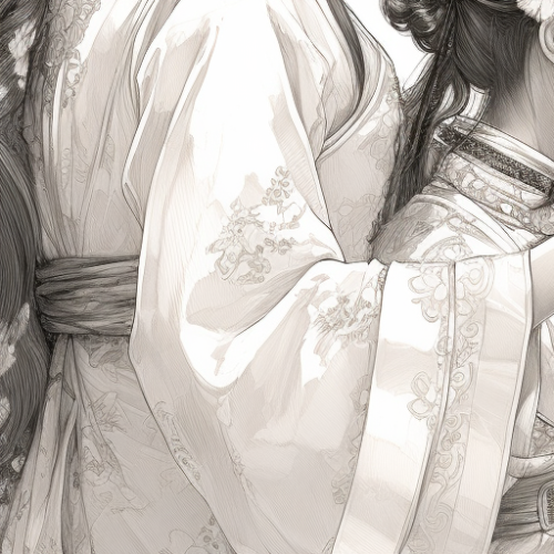 Chinese girls playing in flowers - pencil drawing