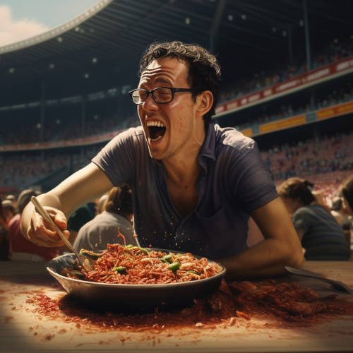 Chinese man enjoying paella rice at a bullring
