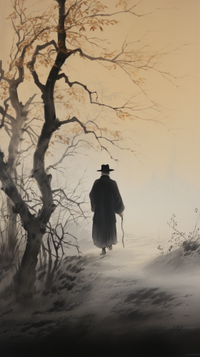 Chinese man walking in park under moonlight Chinese man walking in park under moonlight