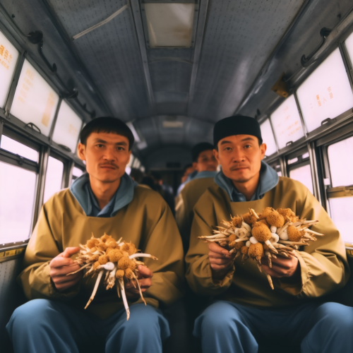 Chinese runners with cordyceps mushrooms in 90s bus