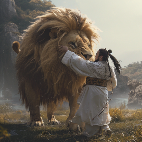 Chinese Shepard Man Wringing Lion's Neck