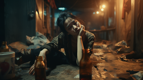 Sad Chinese Woman Drinking Beer