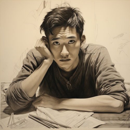 Chinese teenager with pensive sketch expression Chinese teenager with pensive sketch expression