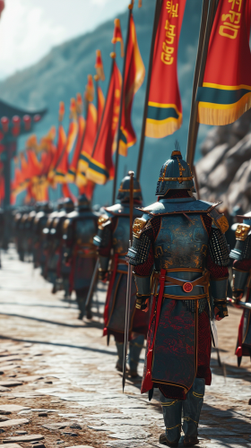 Chinese troops marching in traditional armor with flags