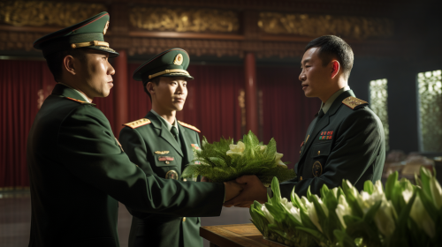 Chinese officer giving green rosebuds to comrades Chinese officer giving green rosebuds to comrades