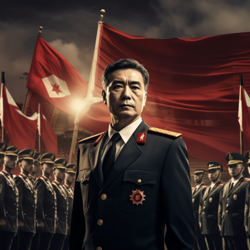 Chinese communist general secretary in parliament with flag and soldiers