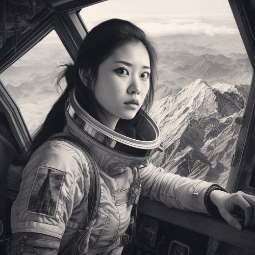 Female Chinese astronaut observing Malaysia in pencil sketch