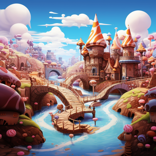 Colorful chocolate river in a dreamy fantasy land