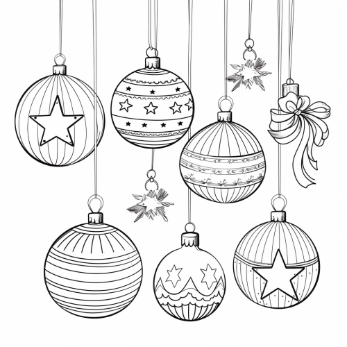 Cartoon black and white line drawing of Christmas baubles