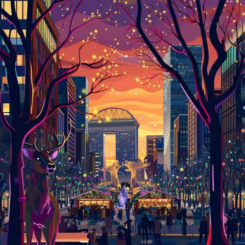 Christmas market with illuminated stag