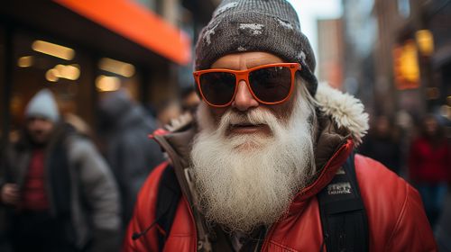Eccentric characters dressed in Christmas attire in the mountains