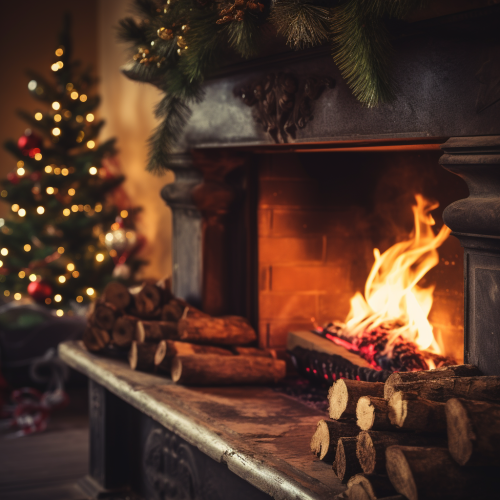 Close-up of Christmas Tree with Cozy Fire
