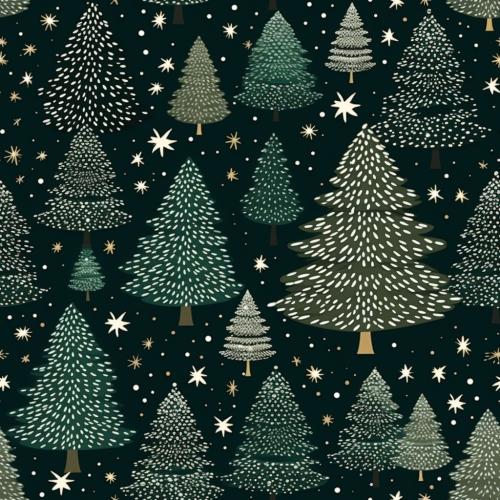 Vintage Christmas-themed seamless pattern with trees and snowflakes