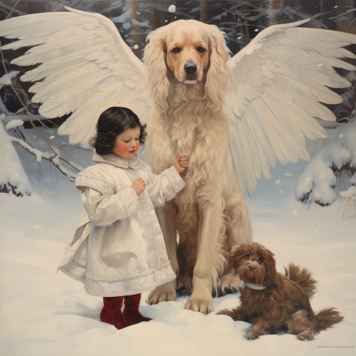 Christmas Baby Girl with Angel Wings and Large Dog