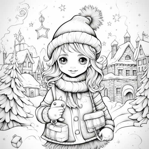 Coloring page with Christmas-themed illustrations