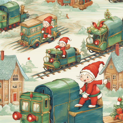 Cartoon Christmas elves playing with toy train