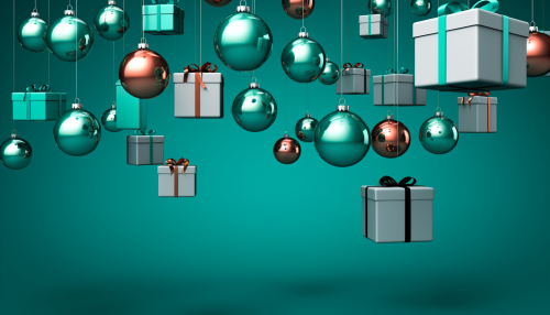 Floating teal and silver Christmas ornaments and gifts