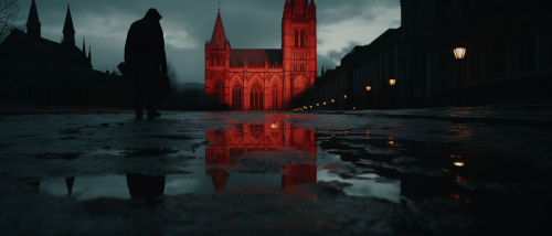 Cinematic reflection in front of cathedral