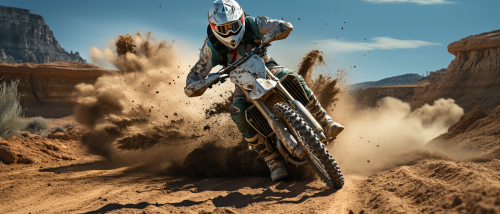 Cinematic image with a middle-aged rider on a dirt bike