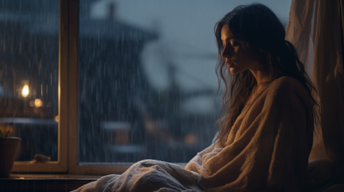 Cinematic night rain landscape with cozy bed