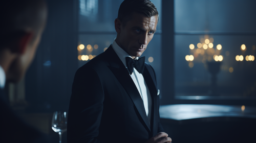 Cinematic night scene with two men in suits