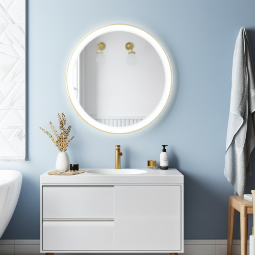 Circle LED Mirror with Blue Switch in White Bathroom