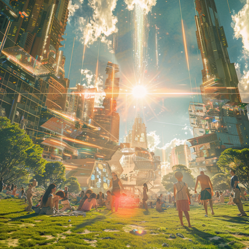 Sun shining on citizens and buildings