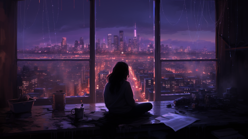 Girl sitting alone in dark room with decorative lights