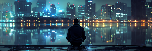 Man sitting alone in city
