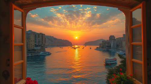 City sea sunset godrays through window frames City sea sunset godrays through window frames