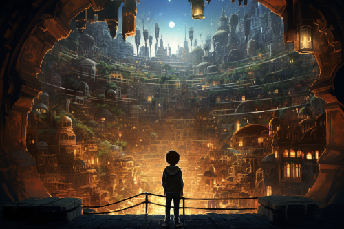 Detailed image of boy exploring underground city