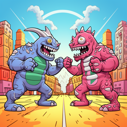 Friendly monsters preparing to wrestle in the city