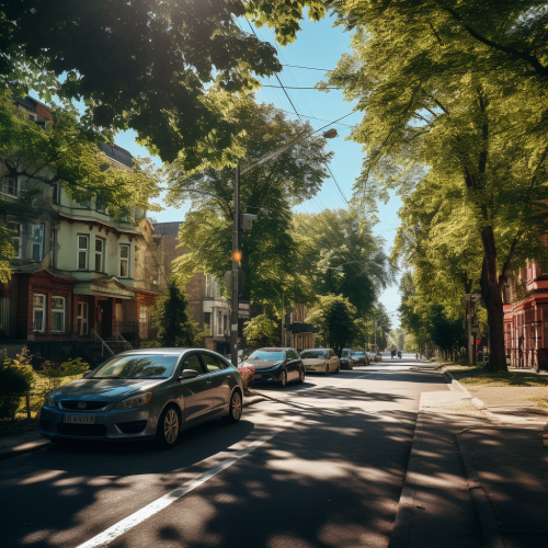 City Street with Trees and Parked Cars