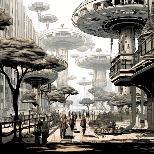 Illustration of Futuristic Cityscape with Life Pods Illustration of Futuristic Cityscape with Life Pods