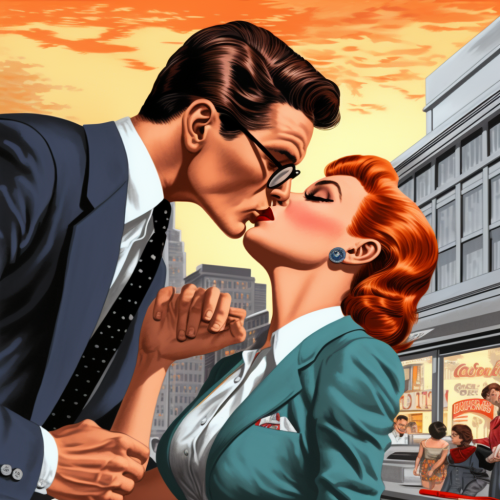 Clark Kent kissing Jimmy Olsen as Lois Lane faints