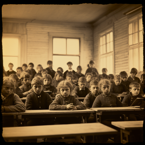 Curious and expressive school children in 1885 classroom