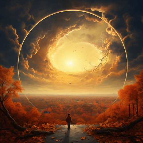 Clear autumn sky with bronze arm pointing towards people Clear autumn sky with bronze arm pointing towards people