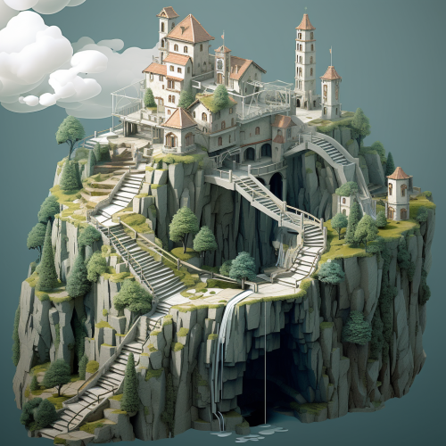 Castle on Steep Cliff Stairs Line Isometry