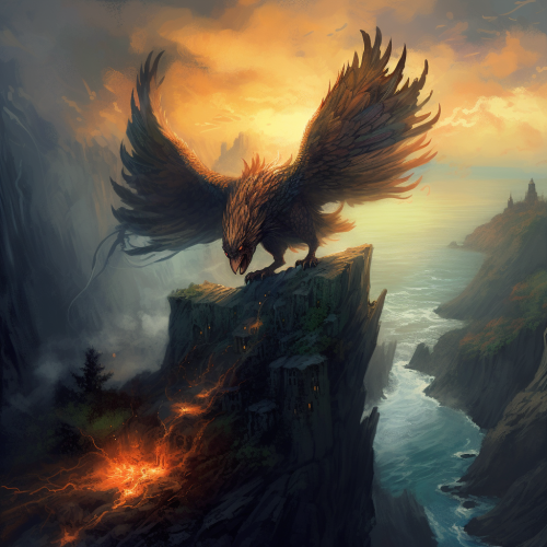 Feathered dragon breathing fire in fantasy scene