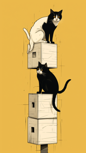 Three cats climbing wall with heads sticking out