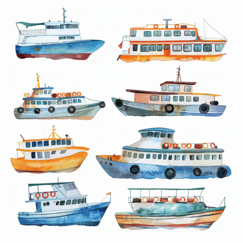 Ferry boats clipart watercolor set