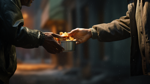 Person handing food to homeless man