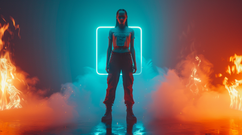 Minimalist futuristic clothing model with fire elements