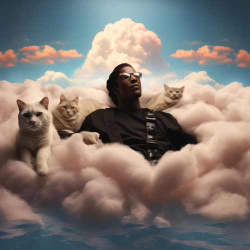 Cloud bed floating in ocean with Wesley Snipes and a cat