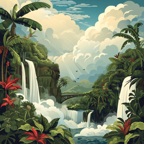 Stunning landscape with clouds, waterfalls, garden, jungle