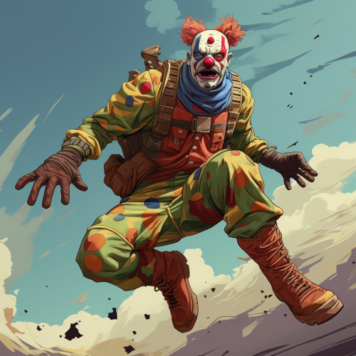 Clown Soldier Leaping in Gritty Cinematic Sci-Fi Cartoon