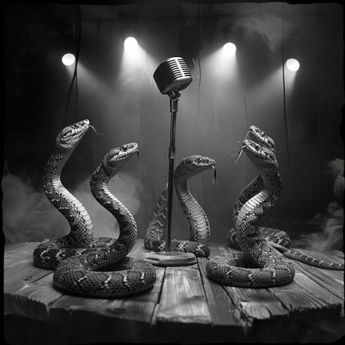 Five king cobras on wooden stage