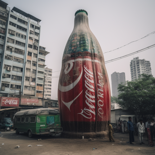 Massive Coca Cola bottle towering over New Delhi streets