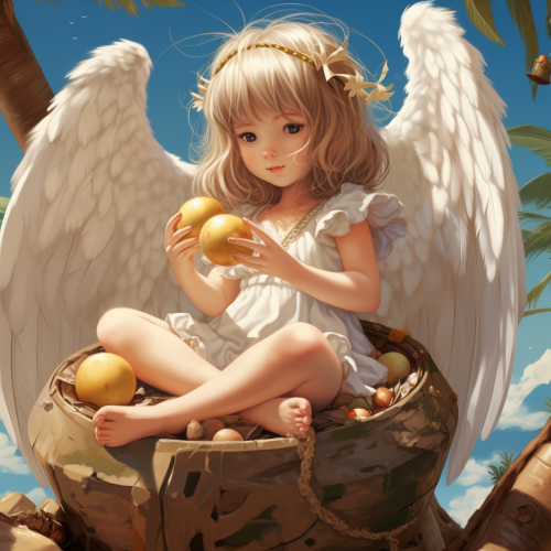 Little girl with wings eating coconut
