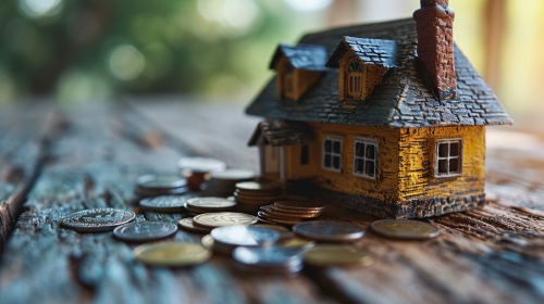 Stack of coins next to a toy model house